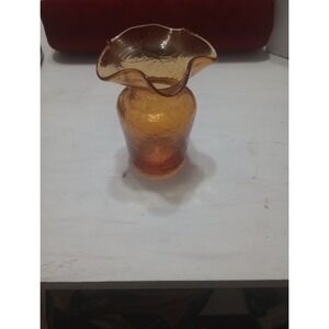 VTG  Viking Crackle Glass 5" VASE Ruffle Top HAND BLOWN Miniature MCM Depression